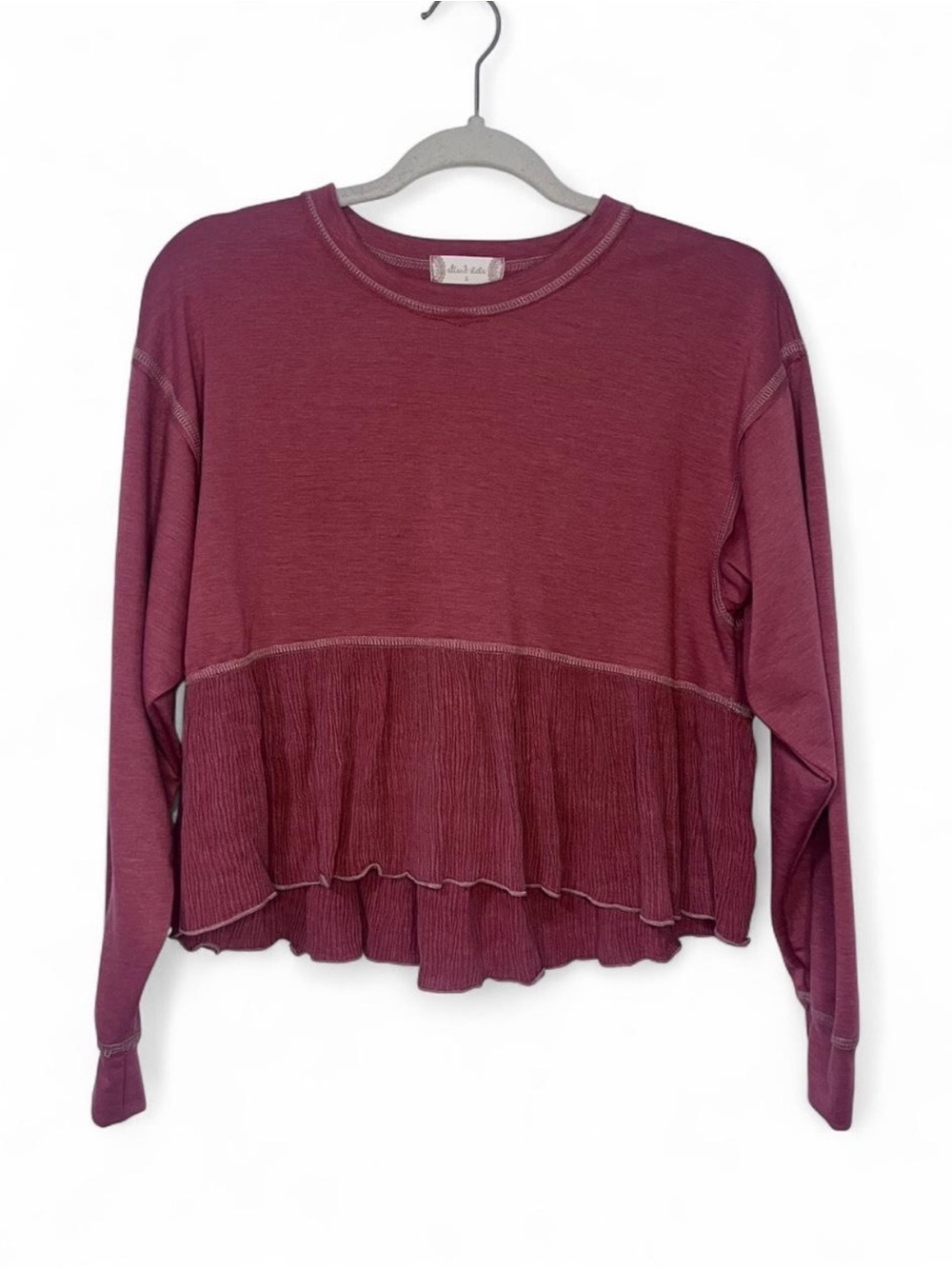 Altar’d State Dusty Pink/Wine Ruffle Hem Top Small Boho Gauze Long Sleeve Blouse